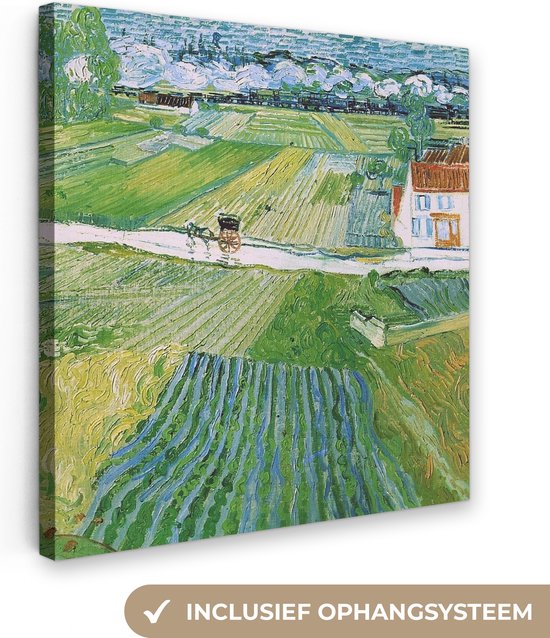 Canvas Schilderij Landschap met koets en trein - Vincent van Gogh - 20x20 cm - Wanddecoratie