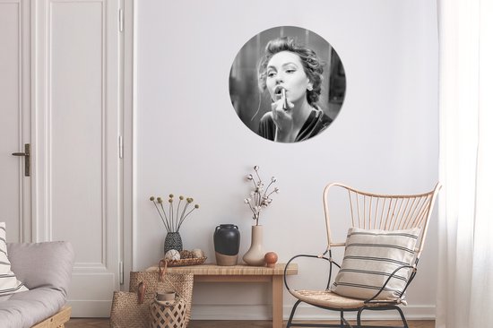 WallCircle - Stickers muraux - Cercle de papier peint - Femme - Maquillage - Vintage - Portrait - Zwart et blanc - 50x50 cm - Cercle mural - Autocollant - Papier peint autocollant rond
