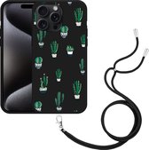Cazy Hoesje met koord Zwart geschikt voor iPhone 15 Pro Max Green Cactus