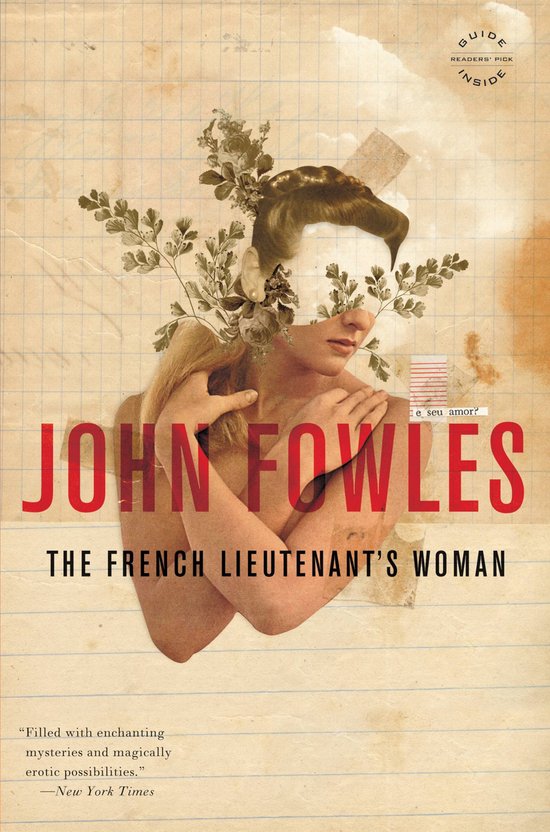 Boek kaft met collage van een vrouw, bedekt met bloemen, met de titel 'The French Lieutenant's Woman' door John Fowles.