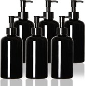 Set van 6 pompflessen van 350 ml voor shampoo, herbruikbare plastic pompdispensers, zeepdispensers, lotiondispensers, zwart, herbruikbare plastic pompflessen met reisgleuf