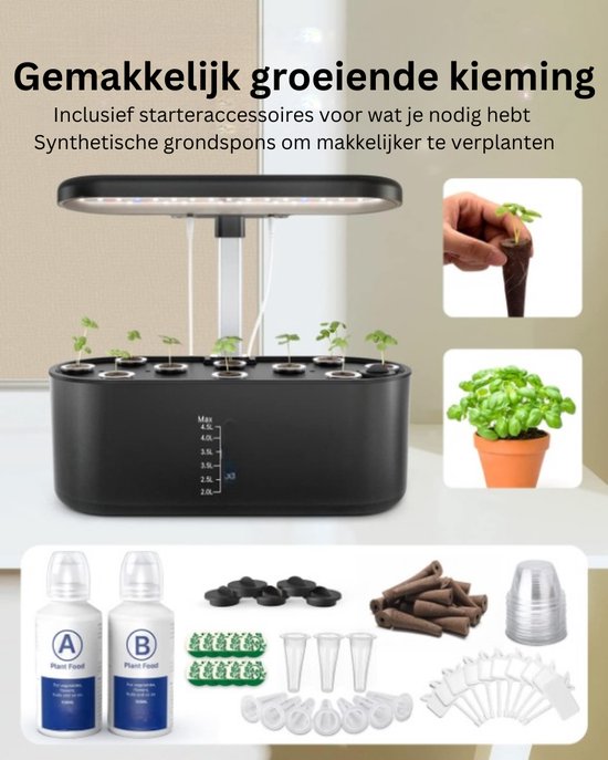 Yoocaa 12 hydrocultuur kweeksysteem, kruidentuinset voor binnen met led- groeilamp, Smart Garden voor thuis, keuken, automatische timer, kiemkit (zwart
