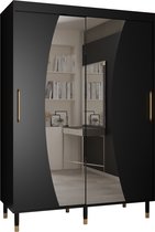 Zweefdeurkast met spiegel Kledingkast met 2 schuifdeuren Garderobekast slaapkamerkast Kledingstang met planken | elegante kledingkast, glamoureuze stijl (LxHxP): 150x208x62 cm - CAPS WAVE (Zwart, 150 cm) met lades