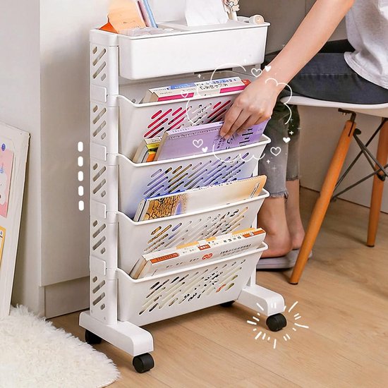 Bibliothèque Roulante Rotative 5 étages - Meuble De Rangement Mobile Pour Livres, Bureau, Salon - En Plastique