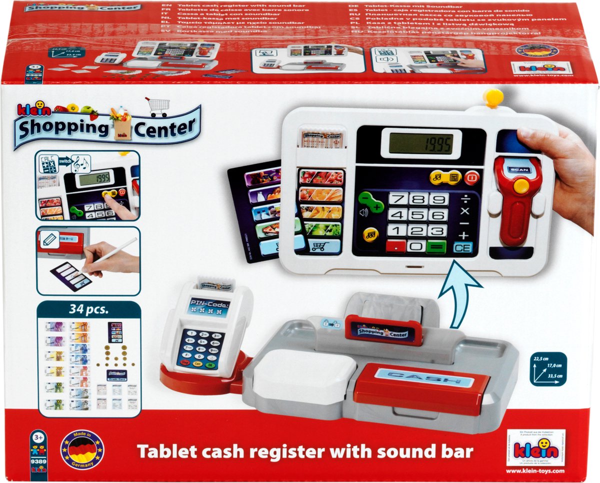 Klein Toys elektronische kassa - afneembare tablet, rekenmachinefunctie, scanner, kaartlezer en een kassa vol speelgeld - 33,42x16,83x22,33 cm - incl. soundbar - grijs rood — afbeelding 10
