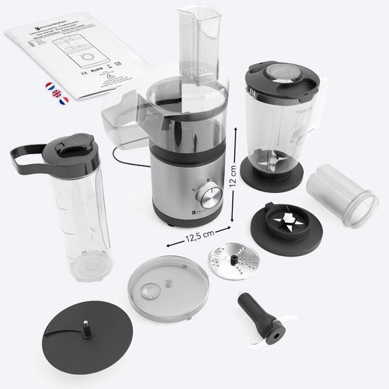 Gedemonteerde KitchenBrothers keukenmachine met handleiding, accessoires, blenderkan en maatindicaties.