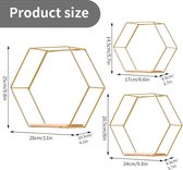 3-delige set hexagon wandrek hangrek, metaal en hout, zwevend rek, wandopbergrek, organizer voor keukenrek, badkamer, slaapkamer, wanddecoratie (goud)