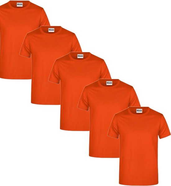 James & Nicholson 5 Pack Oranje T-Shirts Heren, 100% Katoen Ronde Hals, Ondershirts Maat L