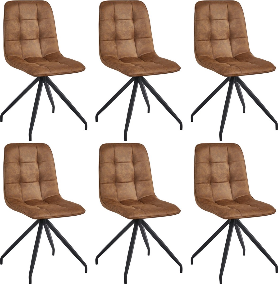 Colenis Farucci Eetkamerstoel - Set Van 6 - Cognac - Microfiber Stof - Moderne Eetkamerstoel Met Spinpoot