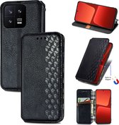 Luxe PU Lederen Ruitpatroon Wallet Case + PMMA Screenprotector voor Xiaomi 13 _ Zwart