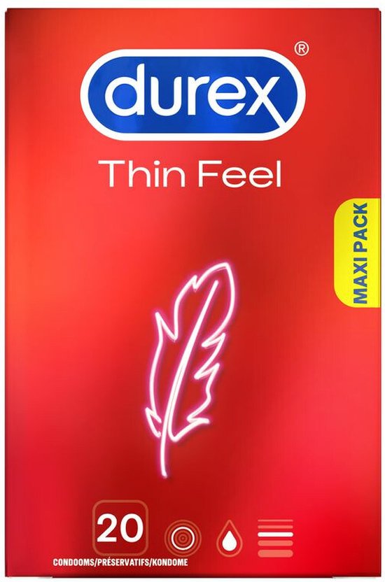 Pak Durex Thin Feel condooms met rode verloop en verenmotief. Bevat 20 stuks.