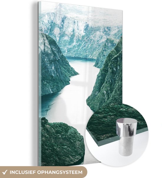 MuchoWow® Glasschilderij - Natuur - Bergen - Groen - Rivier - Acrylglas Schilderijen - Foto op Glas