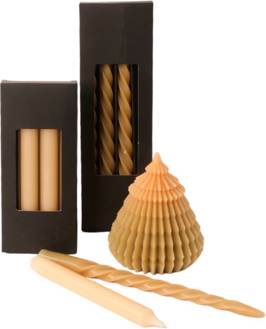 Set Kaarsen 3 verschillende verpakkingen in de kleur Creme/ olijfgroen- Dinerkaars - twisted kaars- Kerstboom kaars