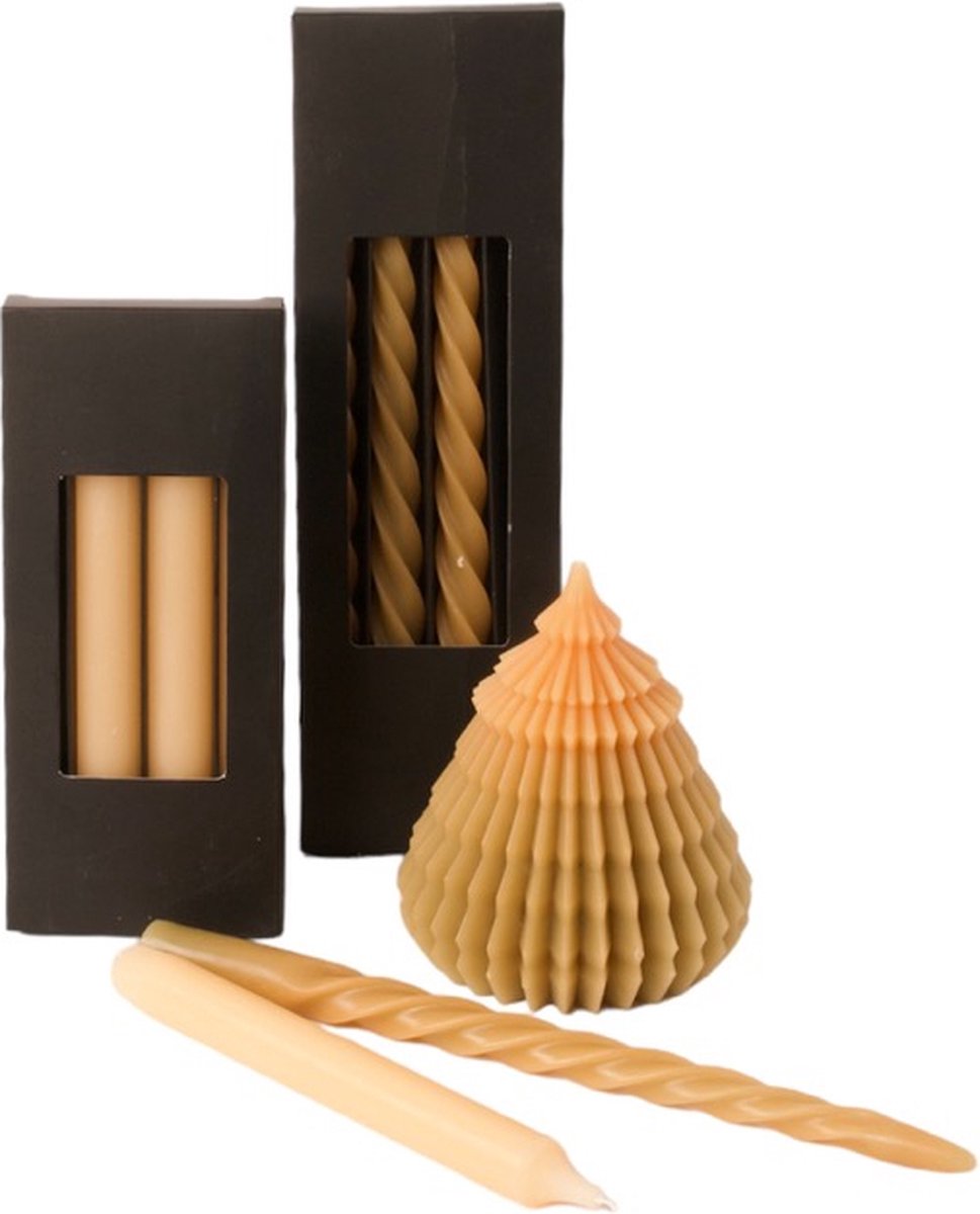 Set Kaarsen 3 verschillende verpakkingen in de kleur Creme/ olijfgroen- Dinerkaars - twisted kaars- Kerstboom kaars