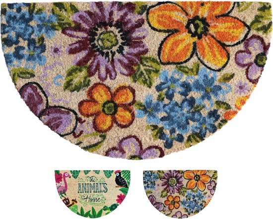 Paillasson en Kokos , semi-circulaire, paillasson pour intérieur et extérieur, tapis anti-saleté, lavable, avec PVC antidérapant, paillasson 40 x 70 cm (Fleurs)