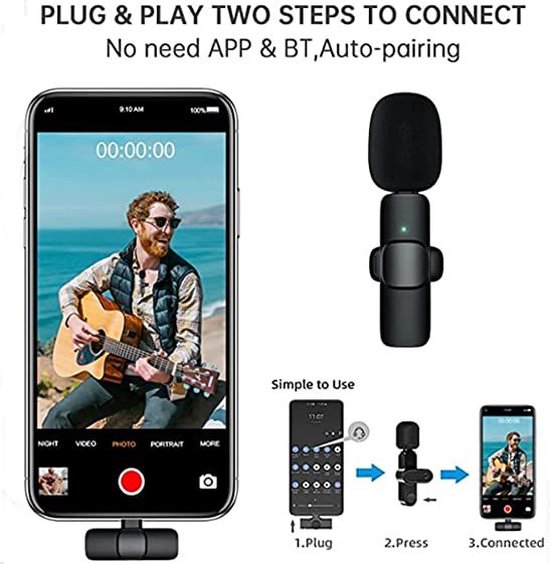 K8 - Draadloze Dasspeld Microfoon - Compatibel met USB-C & iPhone - Lavalier Microfoon - Plug & Play - merk-loos