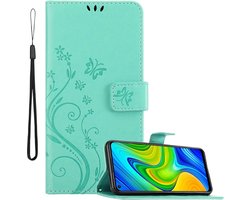 Cadorabo Hoesje geschikt voor Xiaomi RedMi NOTE 9 in BLOEMEN TURKOOIS - Beschermhoes in bloemmotief met magnetische sluiting, standfunctie en kaartsleuven Book Case Cover Etui