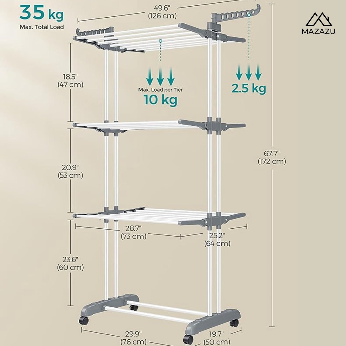 MIRA Home - Wasrek - Droogrek - Staand droogrek inklapbaar - Droogtoren met wieltjes - ‎50x76x172