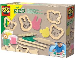 foto van SES - Eco - klei met houten tools - 3 kleuren klei met houten rollers, vormpjes en boetseermessen - makkelijk uitwasbaar