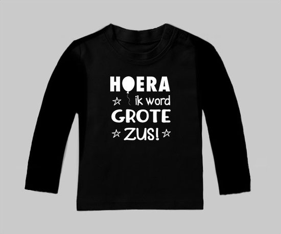 T-shirt lange mouw - Hoera ik word grote zus - zwart - maat 104