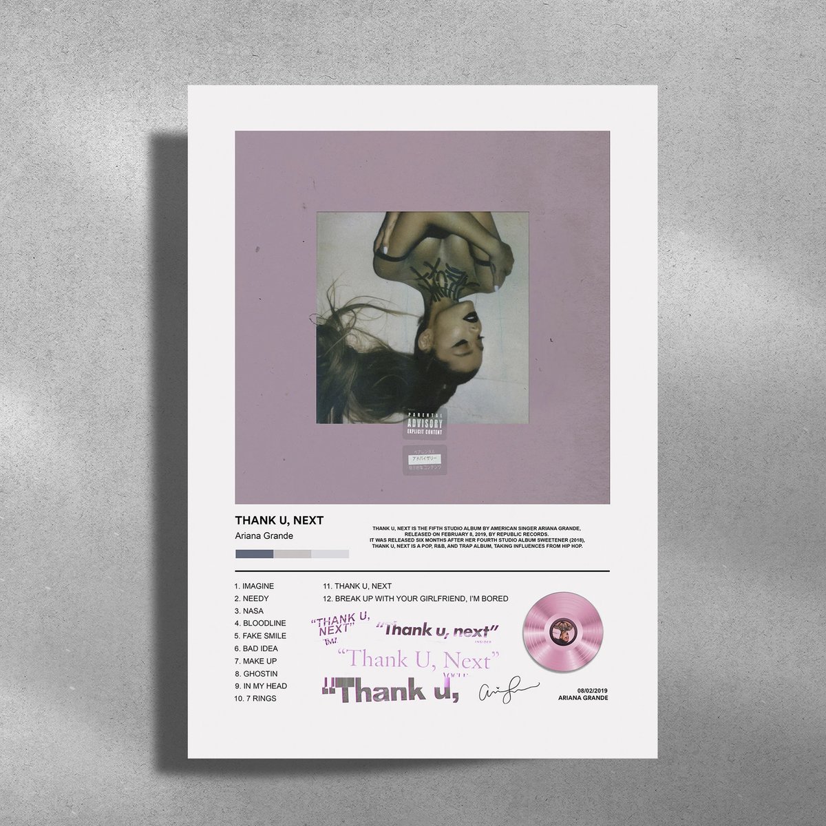 Ariana Grande - Thank U, Next - Metalen Poster 30x40cm - album cover