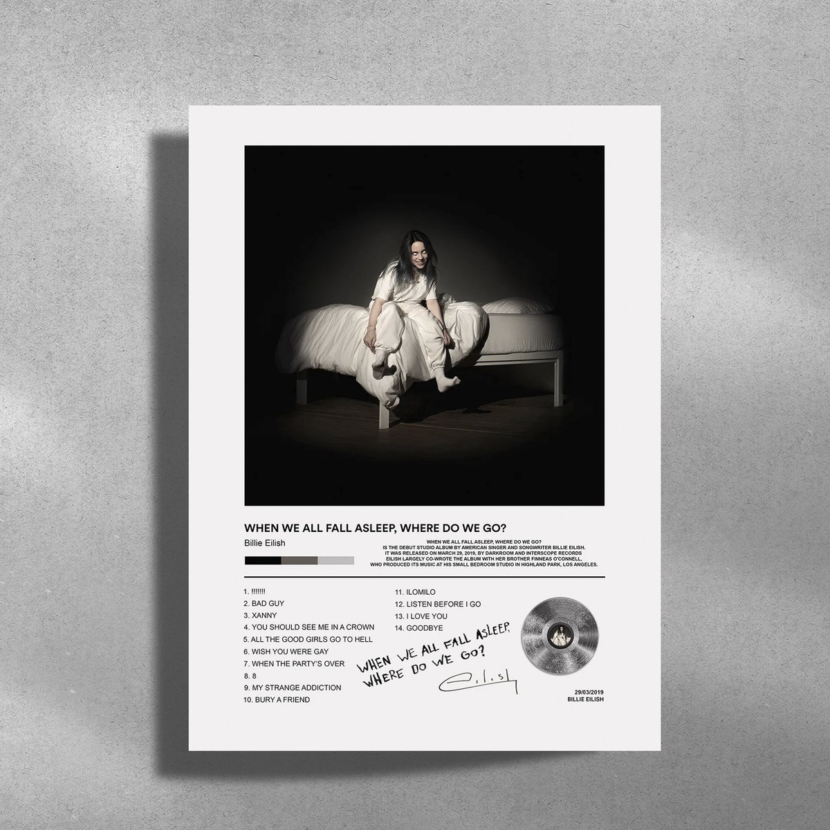 Luxe poster Billie Eilish - Metalen Poster 30x40cm - When We Al Fall Asleep, Where Do We Go? Zwart