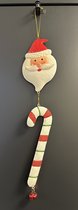 Metalen decoratie Kerstman + zuurstok hanger met bel - rood/wit/groen+glitters - hoogte 47x9x1cm hangend - Kerstaccessoires - Woonaccessoires - Decoratieve hangers
