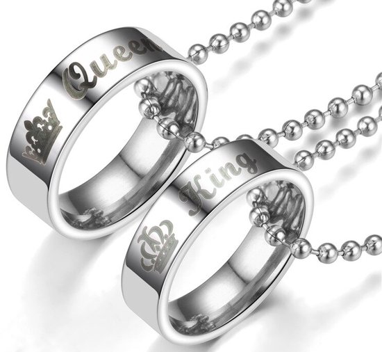King & Queen Ringen Ketting Set voor Hem en Haar - Romantisch Liefdes Cadeau - Mannen Cadeautjes - Cadeau voor Man