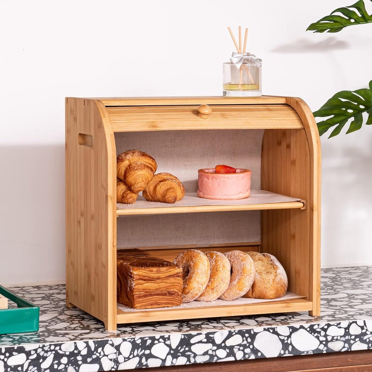 Ga HOMEFAVOR Bamboo Bread Cupboard with Roll Lid and
