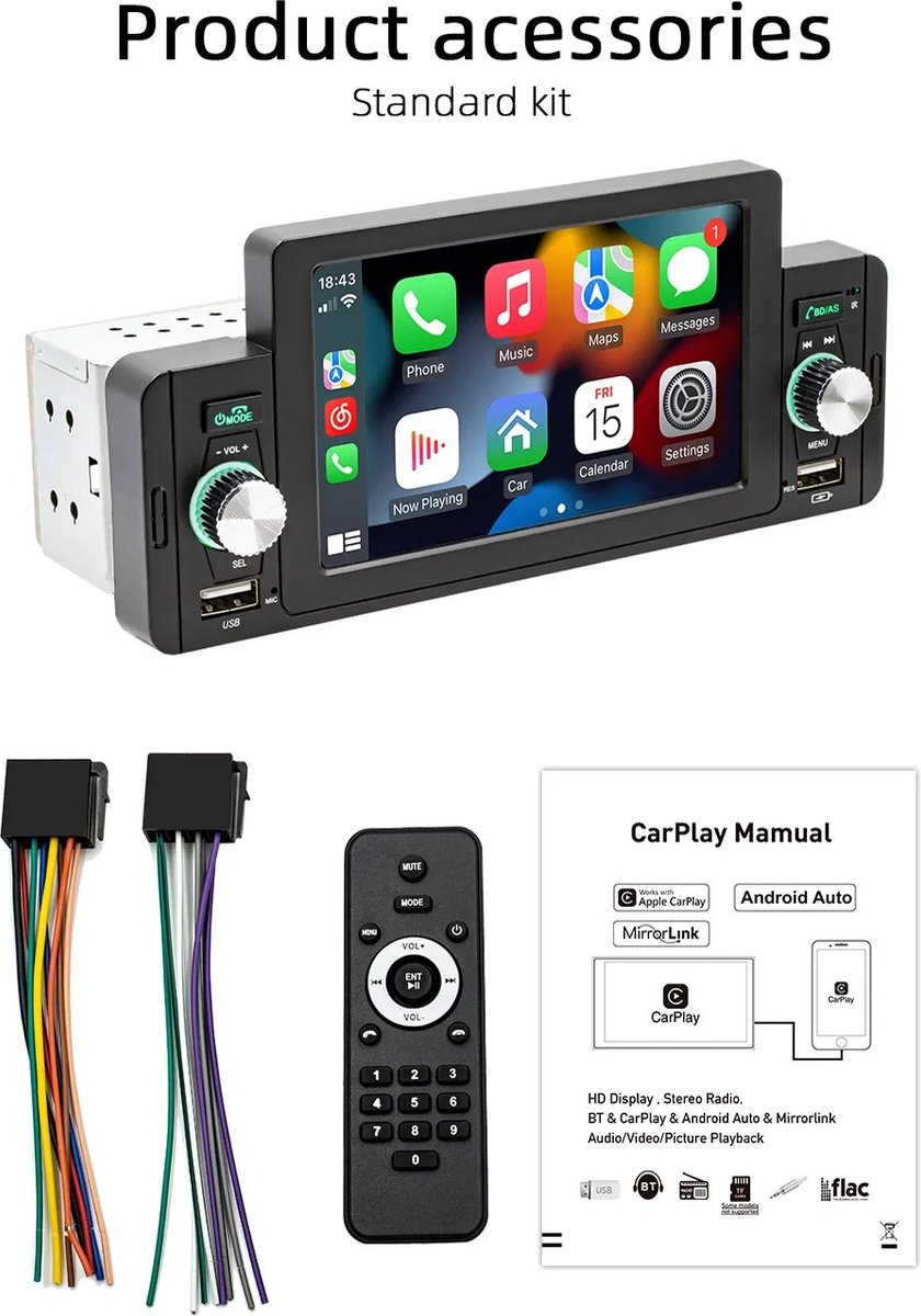 Oopers Autoradio - Multimediaplayer voor Auto - Apple Carplay - Android Auto - Bluetooth - Fm Ontvanger - Usb - Camera