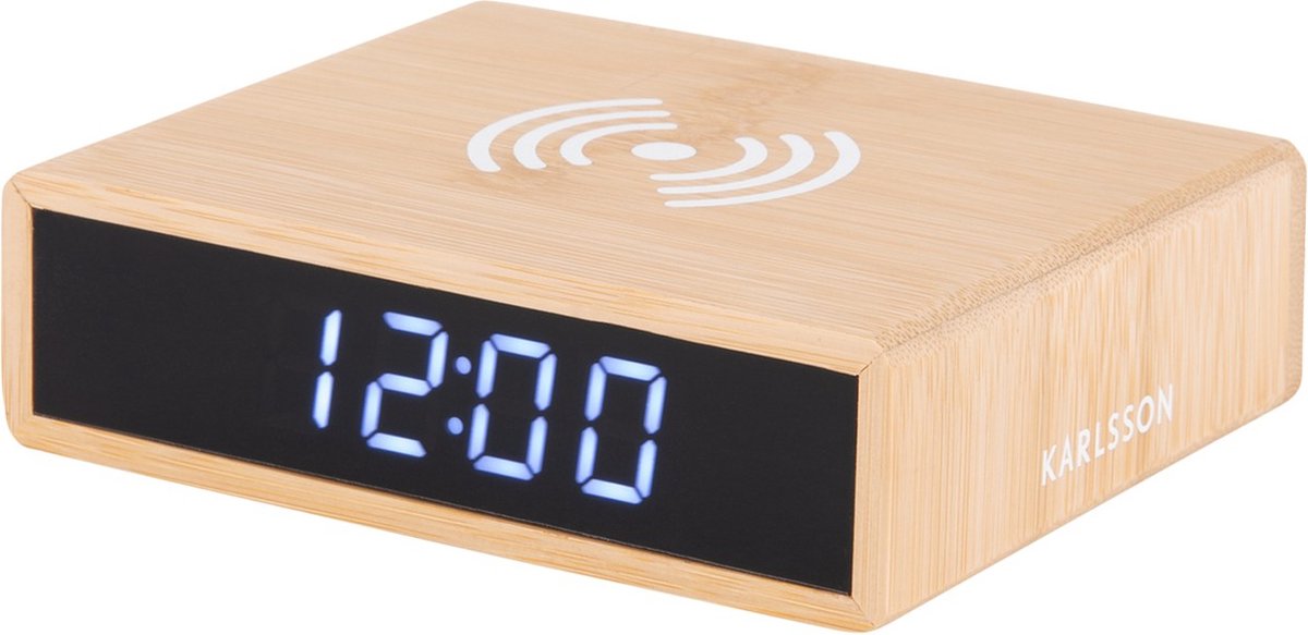 Karlsson klok LED - Digitale Wekker met Draadloze Oplader - Bruin - 8x10,6x3,1cm - Modern