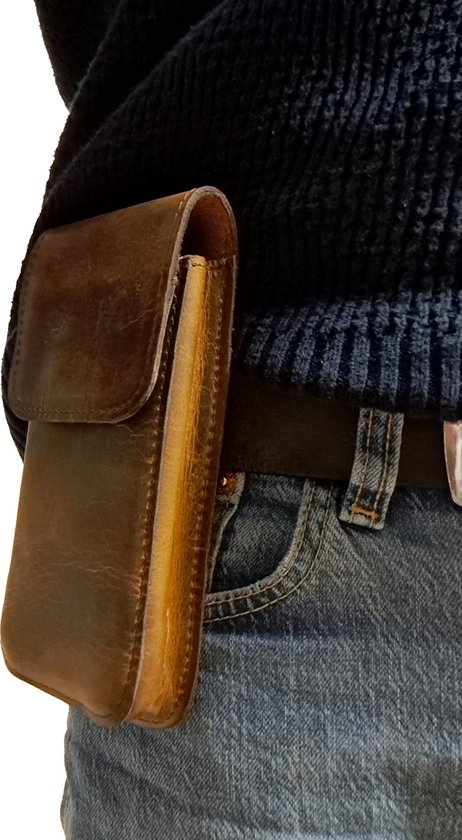 Telefoontasje voor aan de riem handmade geschikt voor grotere smartphones Leer vintage. bol
