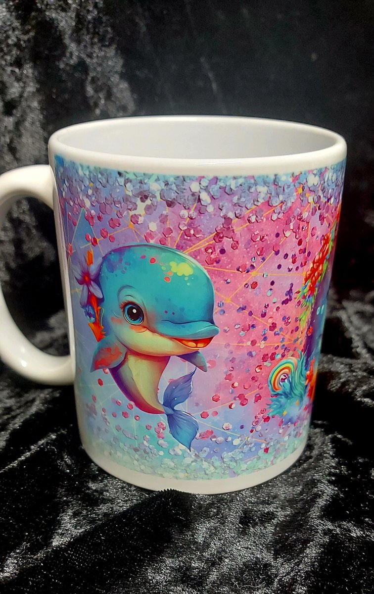 Bedrukte mok met dolfijnen, Dolfijnen mok, 3d mok, Dolfijn glitter mok, mok, beker