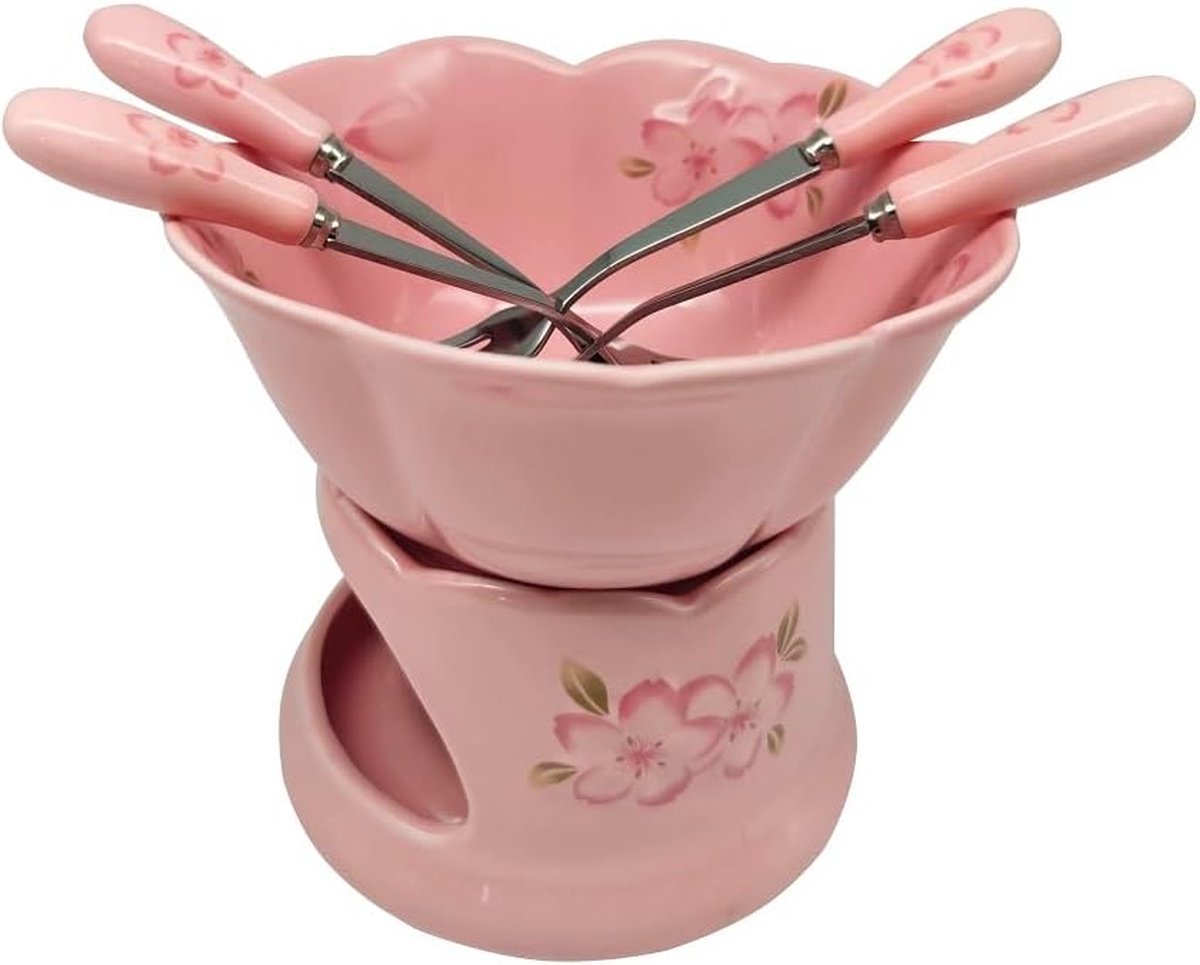 Bol.com Roze Sakura chocoladefonduesets, kaasfonduesets met 4 porseleinen roestvrijstalen vorken, chocoladefondue aanbieding