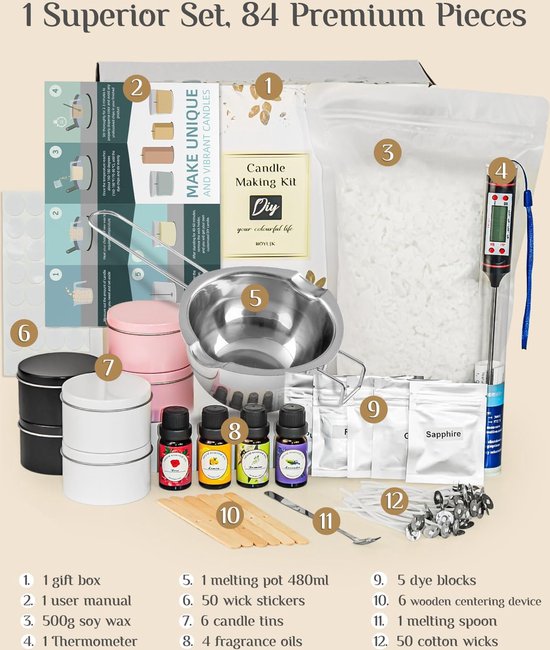 Bolosa® Kaarsen Zelf Maken Set, Kaarsen Gieten Set, Smeltpot 400ml, 500g Kaarswas, 6 Kaarsdozen, 7 Kaarskleuren, Candle Making Kit voor Volwassen Beginners Kaarsenmaking