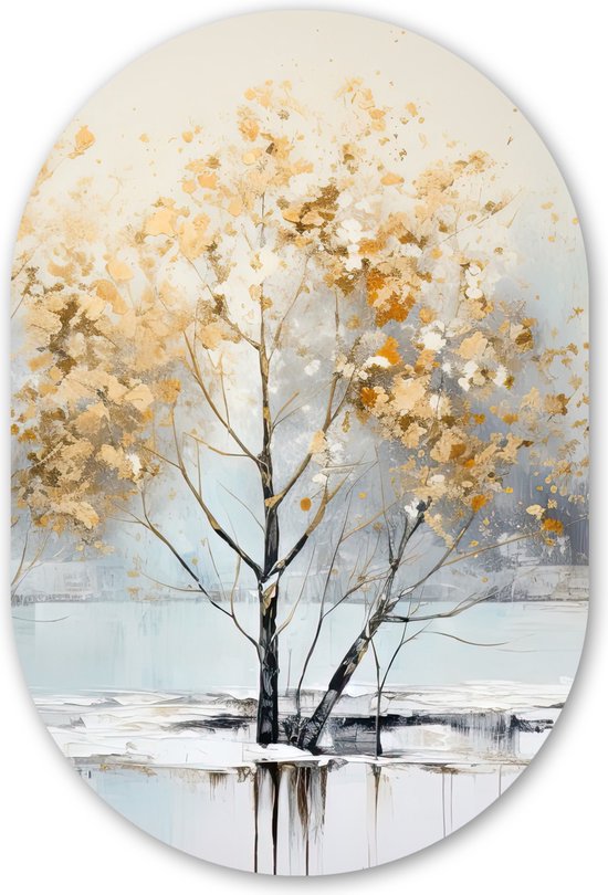 Muurovaal 40x60 cm - Wandovaal Winter - Bomen - Natuur - Acryl - Kunst - Kunststof wanddecoratie - Ovalen schilderij - Muurdecoratie woonkamer - Schilderijen - Ovale spiegel vorm op kunststof