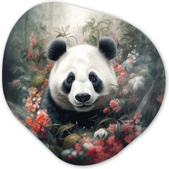 Organische wanddecoratie 40x40 cm - Organisch schilderij Panda - Wilde dieren - Bloemen - Natuur - Kunststof muurdecoratie - Woonkamer schilderijen - Asymmetrische spiegel vorm op kunststof