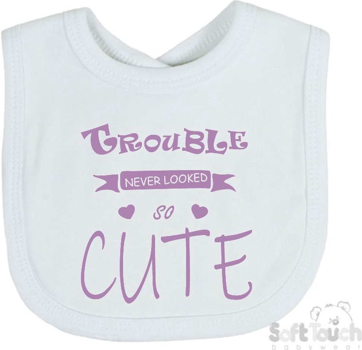Goedkoopste Soft Touch Slabber Slabbetje Slab Trouble never looked so good Unisex Katoen Wit/lila Maat 33x22 Cm