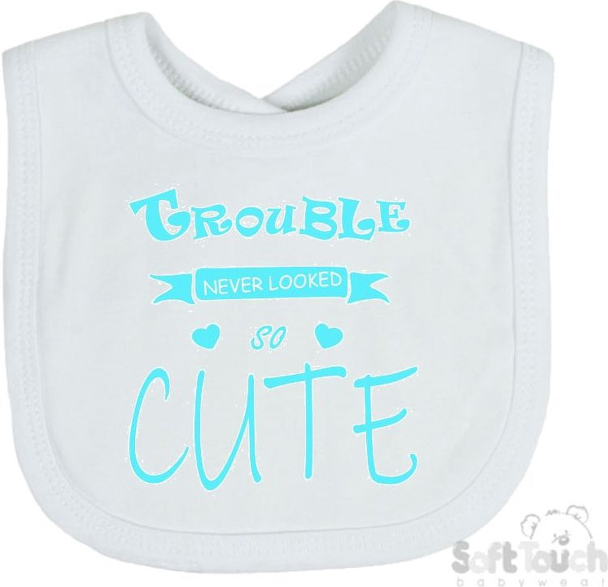 Goedkoopste Soft Touch Slabber Slabbetje Slab Trouble never looked so good Unisex Katoen Wit/aquablauw Maat 33x22 Cm