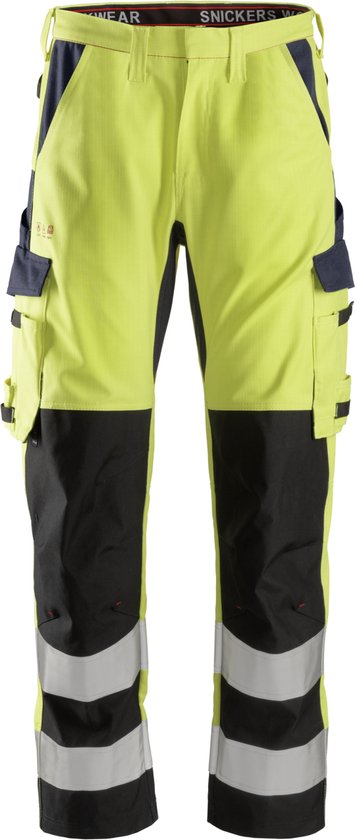 Snickers 6364 ProtecWork, Werkbroek met Scheenbeen versterking, High-Vis Klasse 2 - High Vis Geel/Donker Blauw - 92