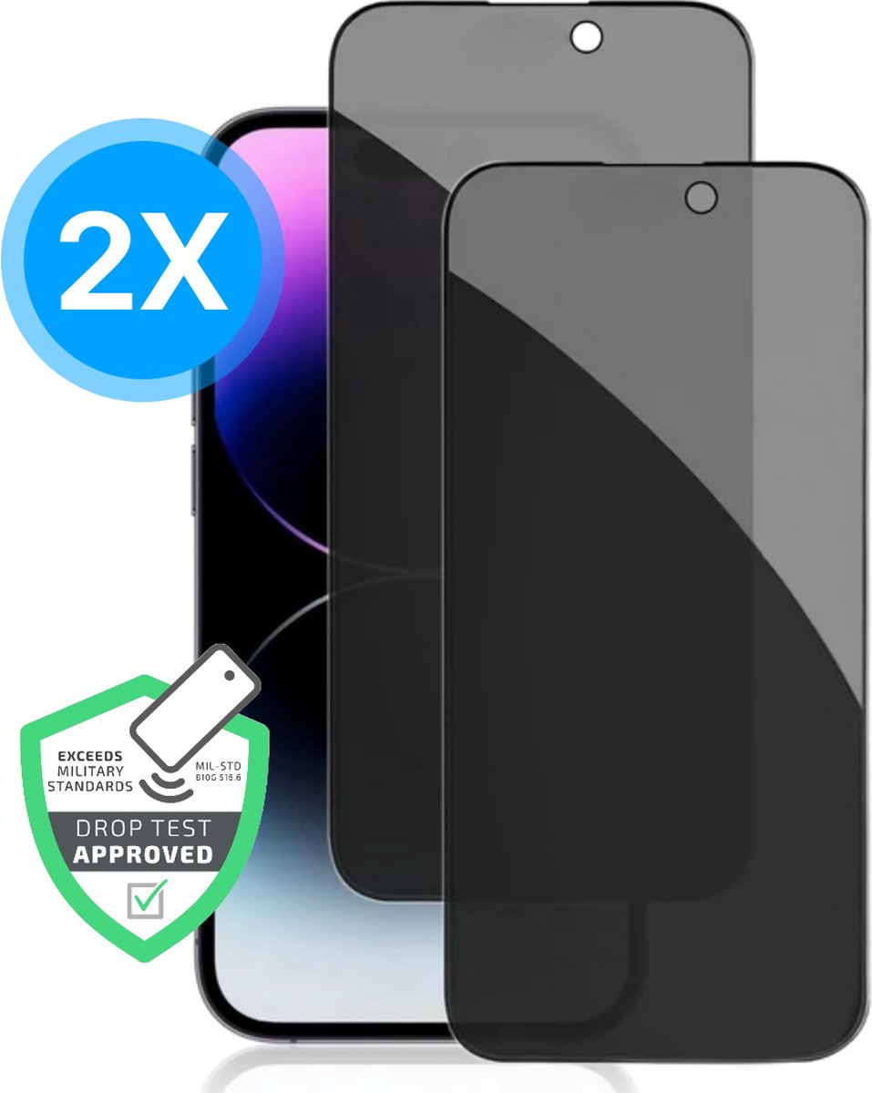 iPhone 14 Pro Privacy Screenprotector - 2 Stuks - Plakgarantie - Volledig Bedekt - Stofvrij - Beschermglas - Military Grade - Scherm - Screen Protector iPhone 14 Pro - Zwart