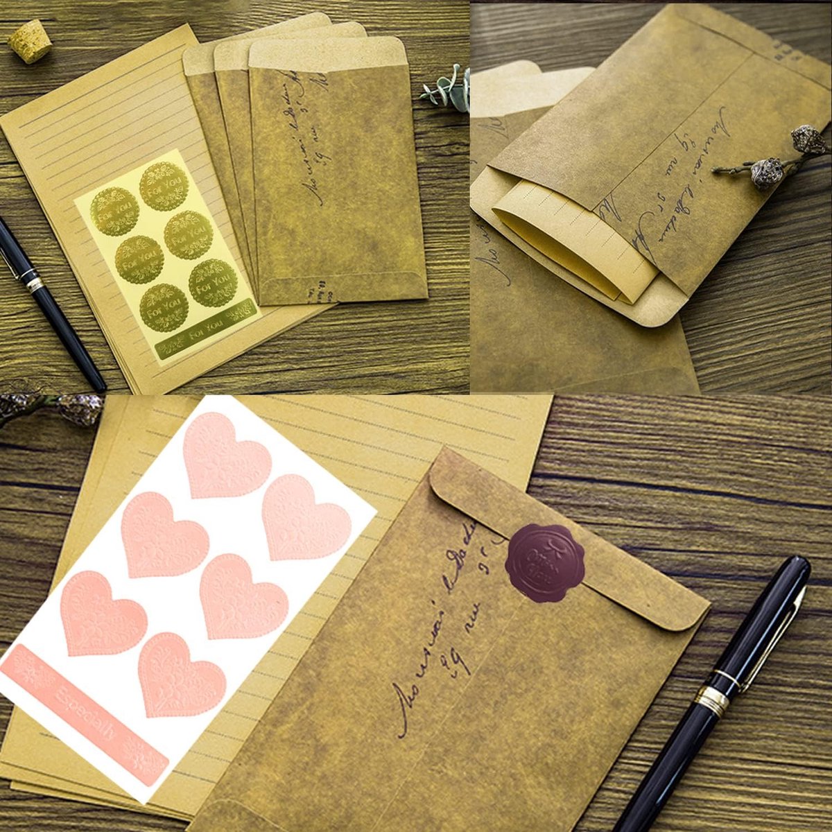 Duyteop 72 Stuks Vintage Enveloppen, Kraft Envelop, Briefpapier Met Envelop, Papieren Enveloppen Set Briefpapier, 24 Vellen Briefpapier, 12 Enveloppen, 12 Retrosleutels, 12 Stickers, 12 Henneptouwen