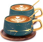 Set de 2 tasses à expresso, tasses à cappuccino 300 ml, tasses à café en marbre avec soucoupe, porcelaine, 2 tasses, 2 soucoupes, 2 cuillères, vert