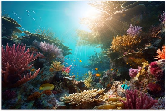 Poster (Mat) - Onderwater - Oceaan - Zee - Koraal - Vissen - Kleuren - Zon - 105x70 cm Foto op Posterpapier met een Matte look