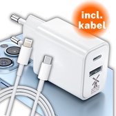 USB C Adapter - Oplader - Snellader Stekker Geschikt Voor Apple iPhone 8/X/XS/XR/11/12/13/14/15/SE/Mini/Pro/Max – Wit - inclusief oplader kabel 1 meter lightning naar USB-C