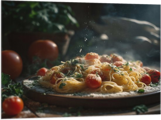 Vlag - Spaghetti - Tomaten - Kaas - Eten - Bord - 100x75 cm Foto op Polyester Vlag