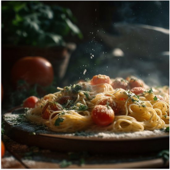 Poster Glanzend – Spaghetti - Tomaten - Kaas - Eten - Bord - 80x80 cm Foto op Posterpapier met Glanzende Afwerking