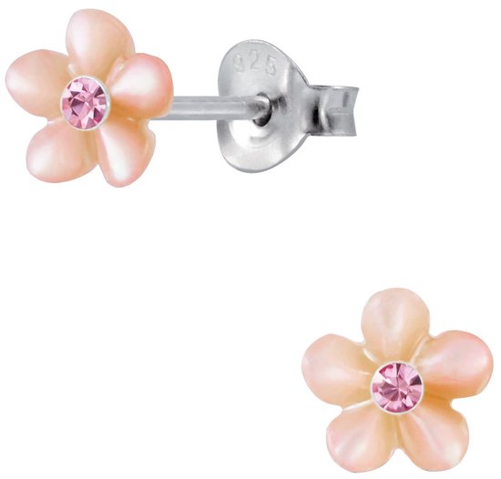 Joy|S - Zilveren bloem oorbellen - 6 mm - klassiek roze - schelp