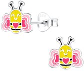 Joy|S - Zilveren bij oorbellen - 8 mm - roze geel met roze hartje - kinderoorbellen