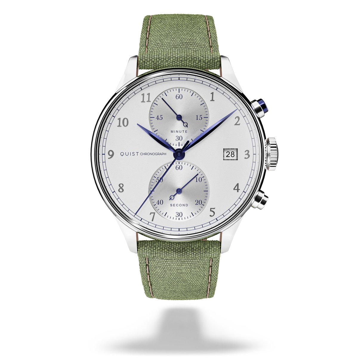 QUIST - Chronograph herenhorloge - zilver - witte wijzerplaat - groene cordura horlogeband - 41mm